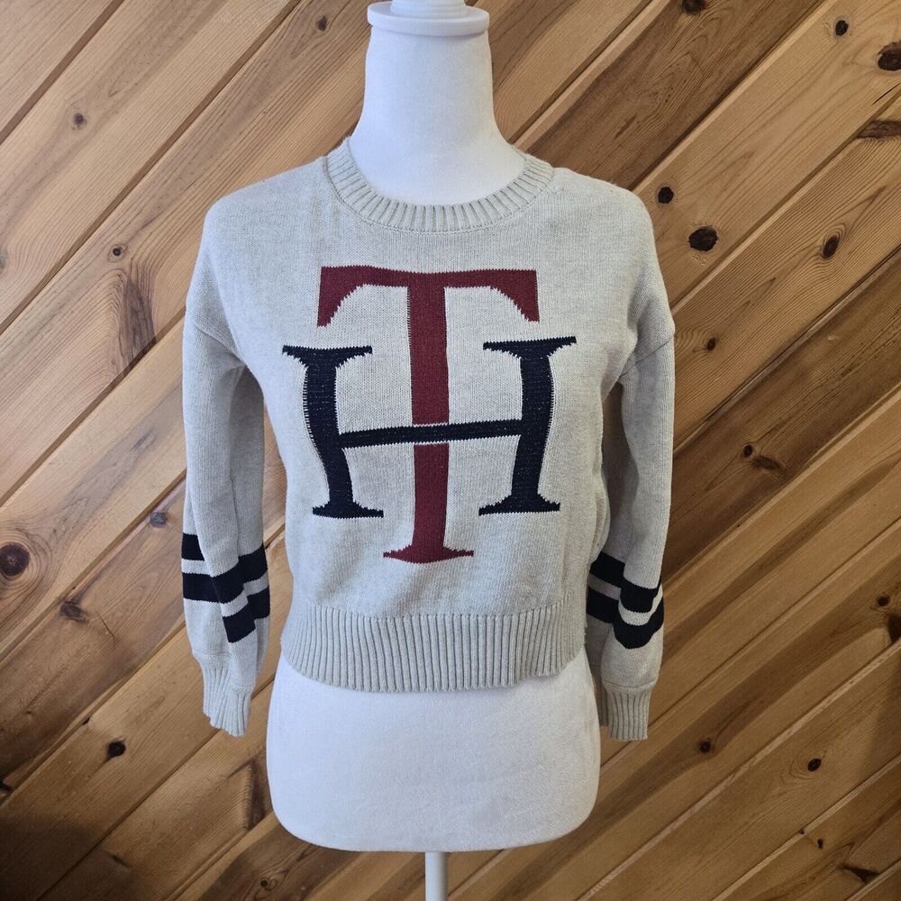 Tommy Hilfiger Cream Crewneck Sweater with Red & Navy Logo